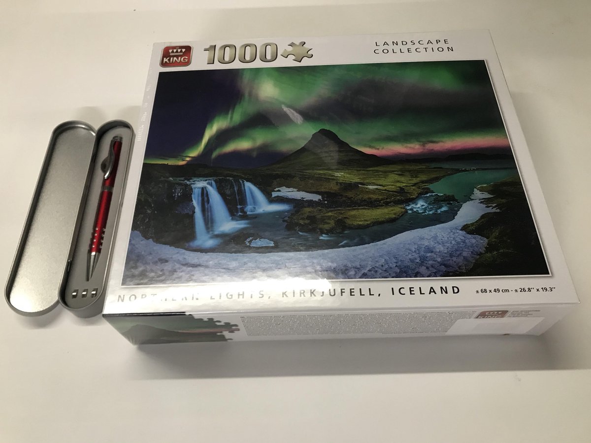 King - legpuzzels Northern Lights, Kirkjufell, Iceland - Landscape Collection - 1000 stuks | 68 x 49 cm | inclusief unieke en praktische rode, blauw schrijvende laserbalpen in luxe opbergbox.